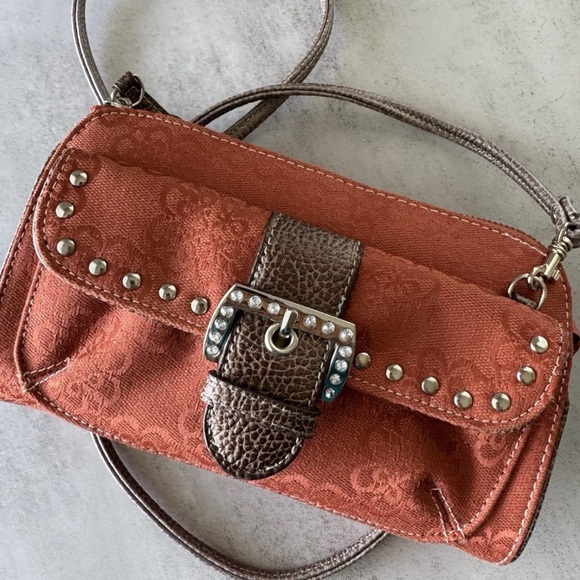 Kathy Van Zeeland Red Jacquard Studded Crossbody Bag Buckle Accent Purse